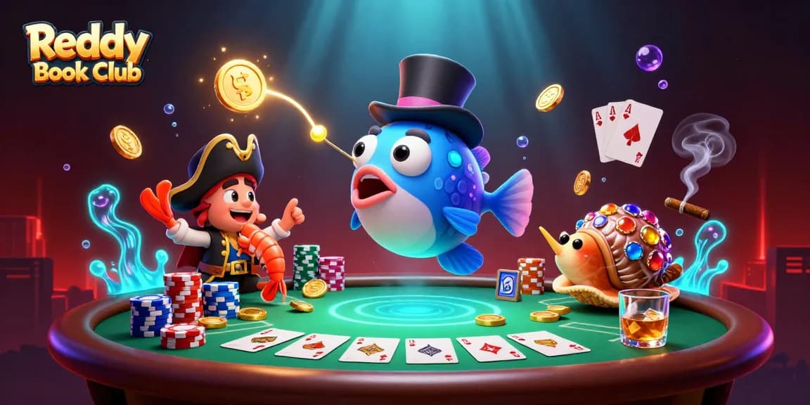 Win with Reddy Book Club's vibrant gaming scene featuring playful characters and casino elements.