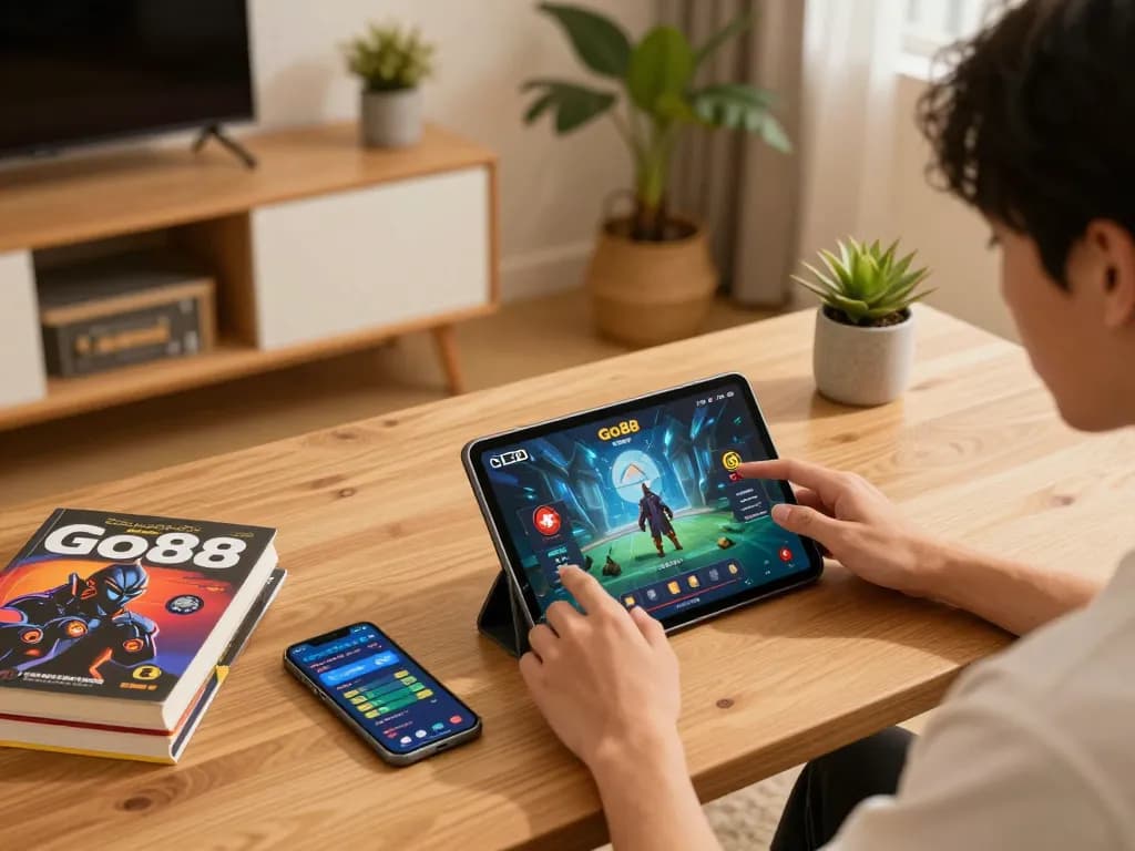 Engaging in Go88's online gaming on a tablet in a cozy home environment.