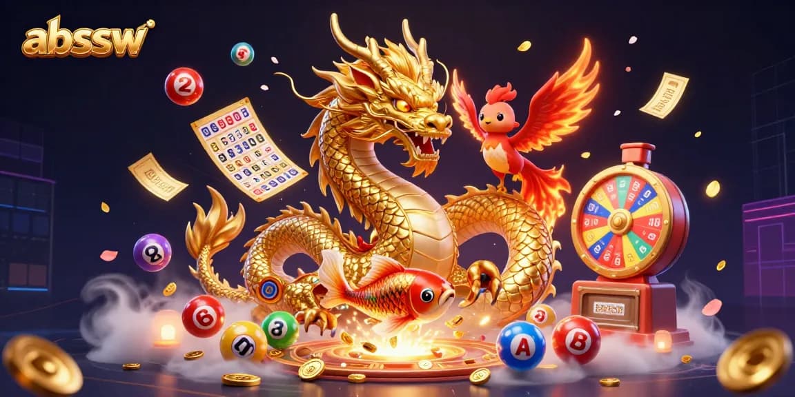 Experience gambling excitement with abssw featuring a golden dragon, phoenix, and koi fish in a dynamic casino scene.