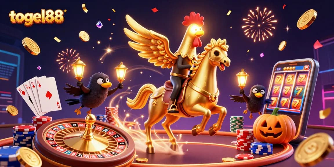 Experience thrilling wins with togel88 in a vibrant casino scene featuring a golden rooster and jackpot symbols.
