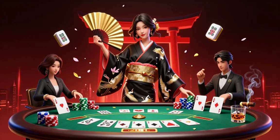 Experience the excitement of 11WIN's vibrant casino scene, showcasing dynamic poker elements and an elegant character.
