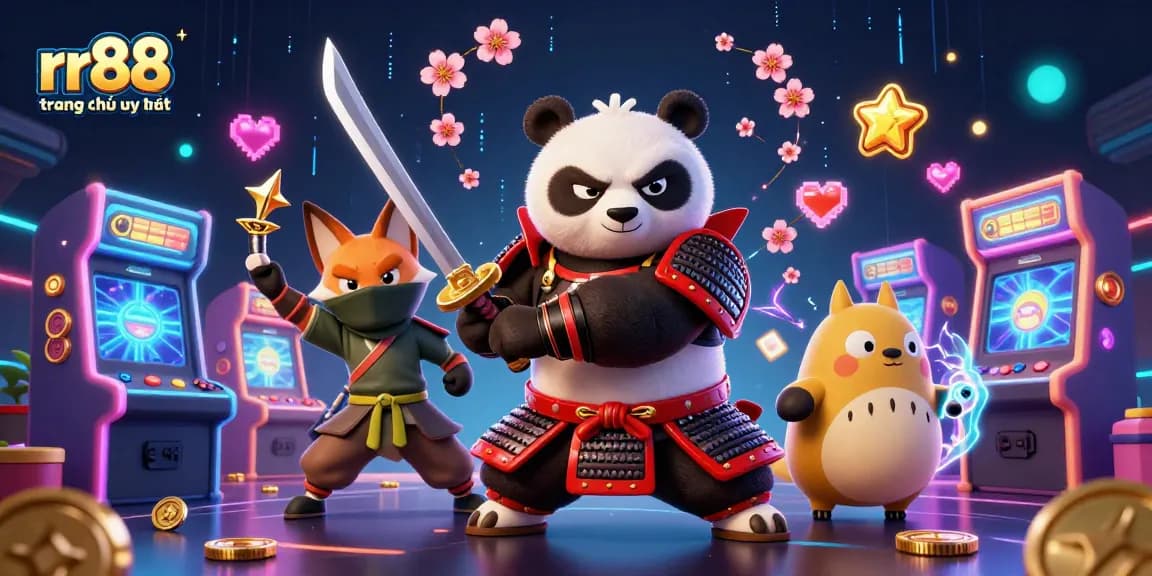 Engage in thrilling adventures with the rr88 trang chủ uy tín, featuring a samurai panda and ninja fox.