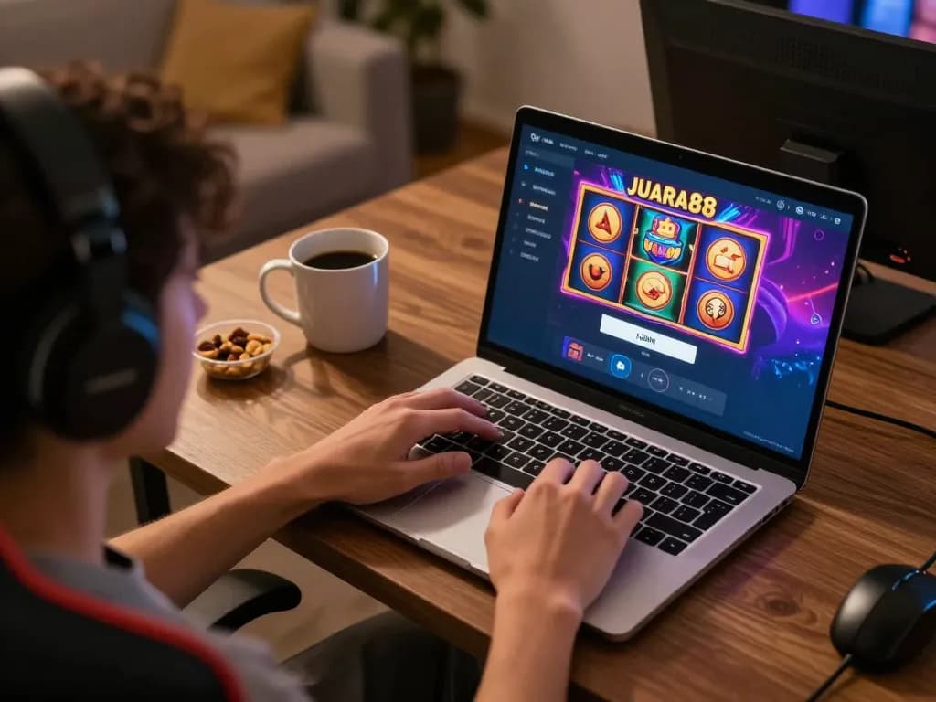 Experience JUARA88 LOGIN with an engaging online slot game in a cozy home setting.
