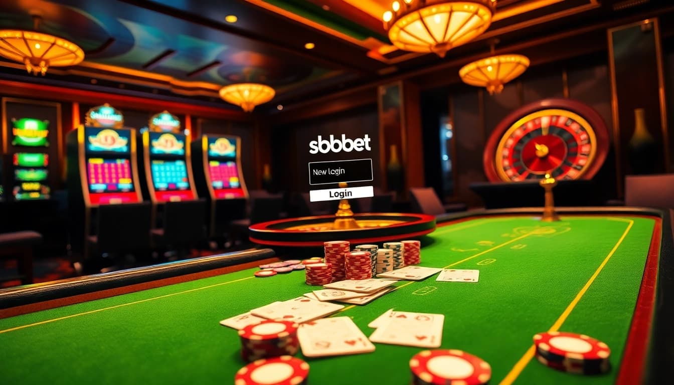 Experience the excitement of sbobet login at a vibrant online casino table with colorful poker chips and cards.