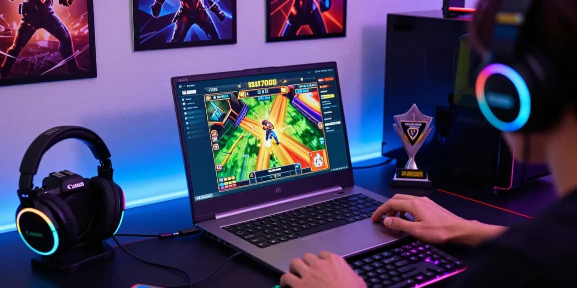 Engaging Slot7000 platform scene showcasing vibrant gameplay on a sleek gaming laptop, capturing a dynamic gaming atmosphere.