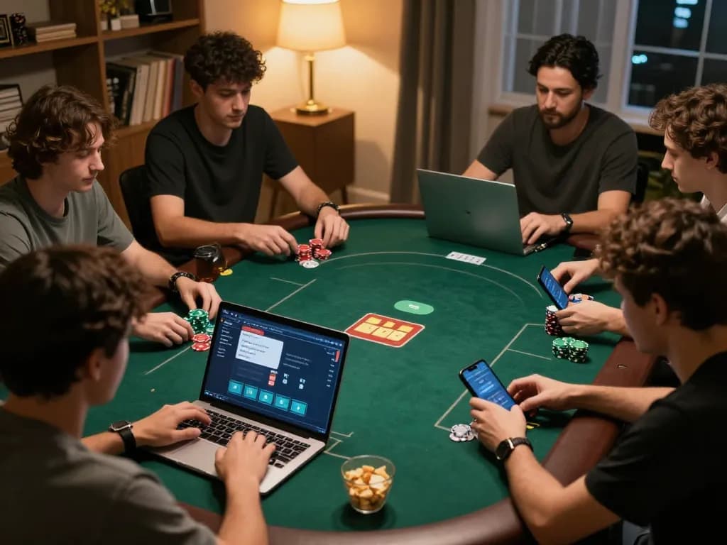 Players engage in online poker gameplay on uu88ae, showcasing laptop interactions and supporting warm home atmosphere.