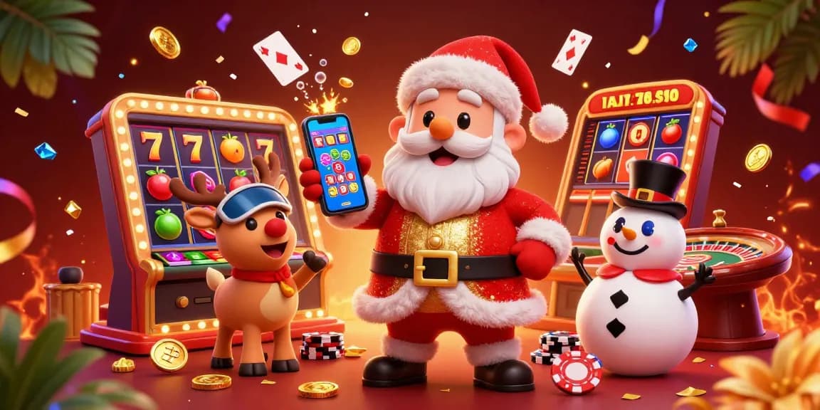 Experience the excitement of five88z cocom with Santa, a reindeer dealer, and a poker chip snowman amidst colorful slot reels.