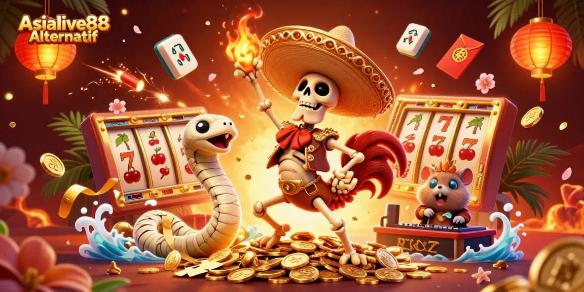 Experience thrilling wins with Asialive88 Alternatif featuring vibrant casino characters and gold treasures.