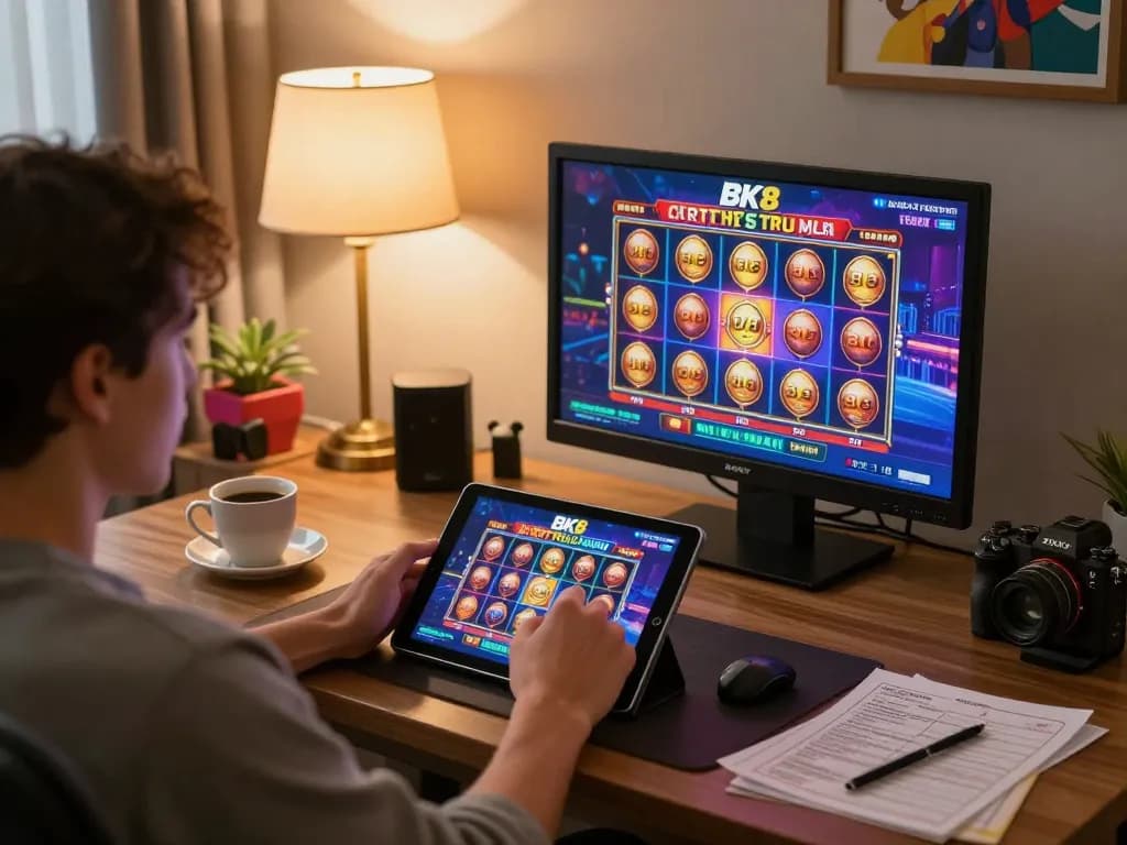 Engaging with BK8 online casino games on a tablet in a cozy home setting.