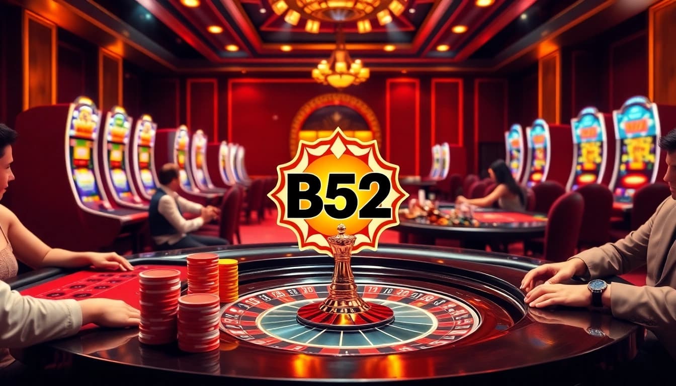 B52 logo on a vibrant casino scene with players engaging in games, emphasizing luxury and excitement.