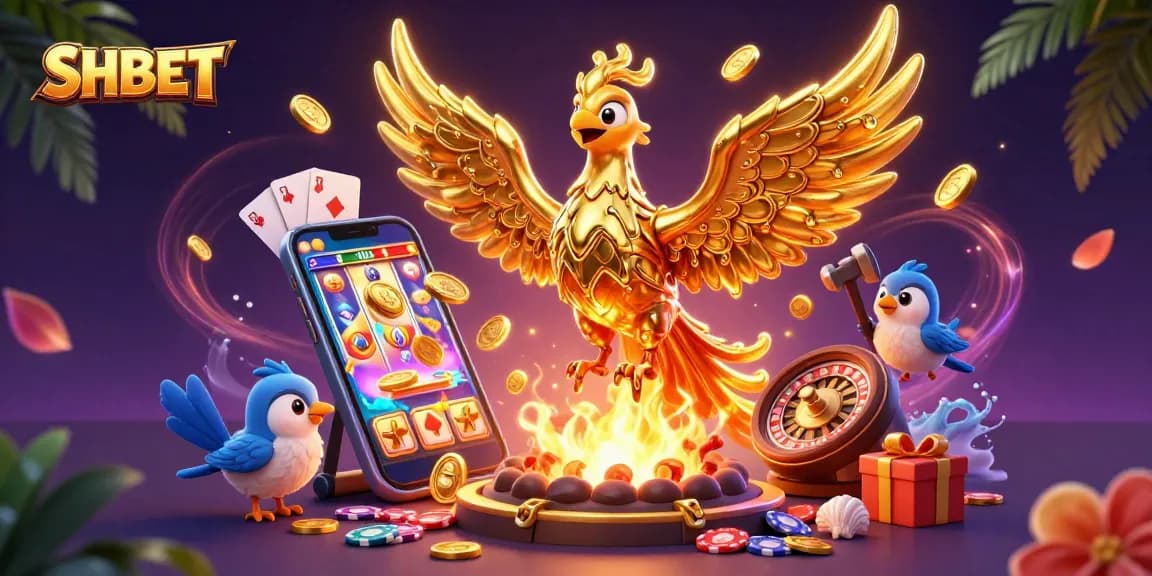Experience the thrill of SHBET as golden phoenix immerses in casino chaos with coins and games.