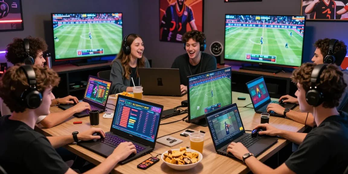 Exciting group of friends enjoying the lotus365 online gaming experience, diverse activities, modern digital environment.