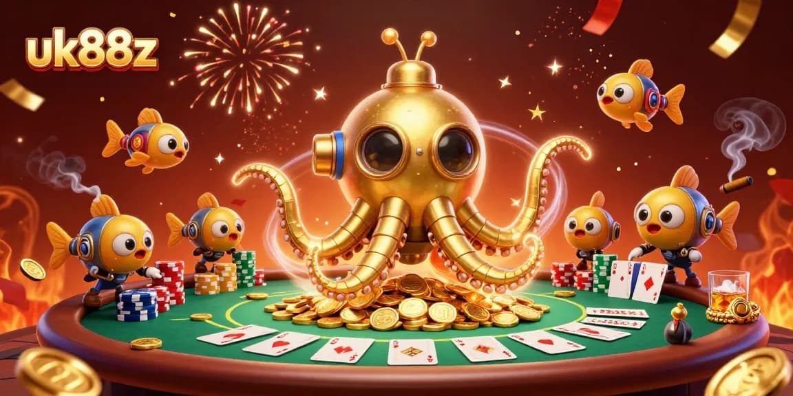 Experience thrilling gameplay with uk88z as a golden kraken surfaces in a vibrant poker scene.