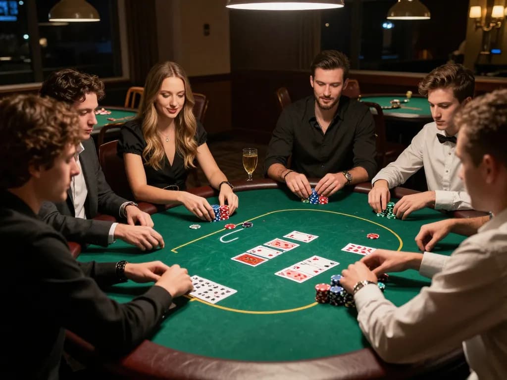 Players enjoying a thrilling poker game on 9bet with colorful chips and cards, capturing a lively casino atmosphere