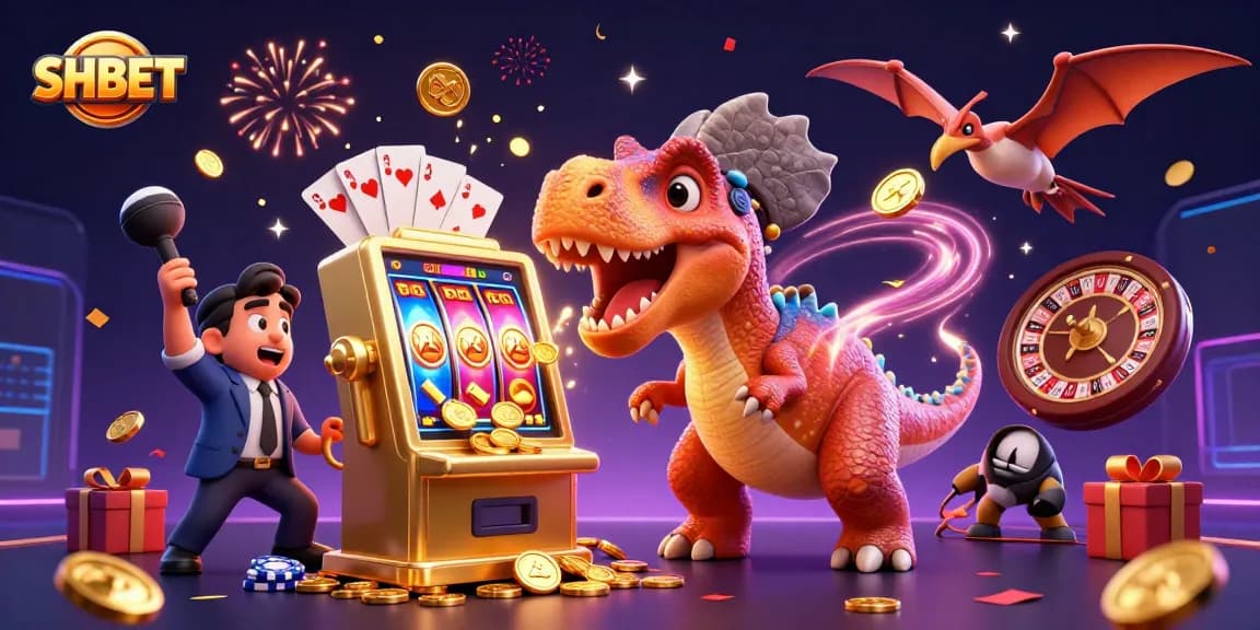 SHBET jackpot scene with a dinosaur, slot machine, and flying coins celebrating wins in an animated casino.