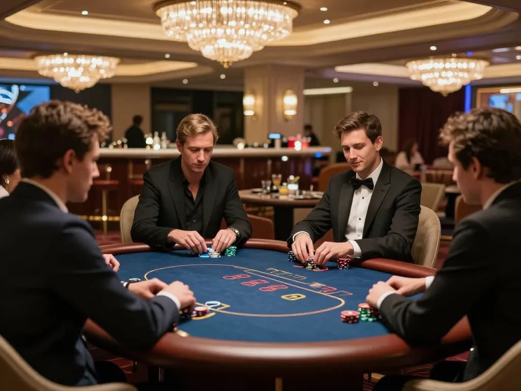 KONG88 players intently strategizing at an exclusive VIP poker table in a luxurious casino setting.