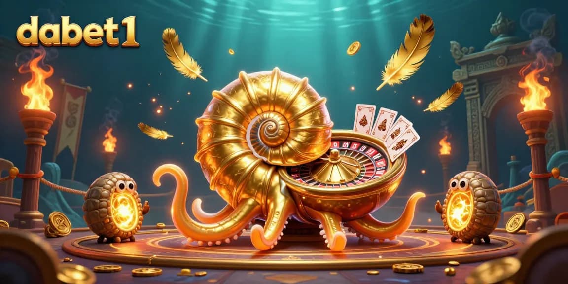 Engage with dabet1 through vibrant casino elements and a 3D nautilus illustration.