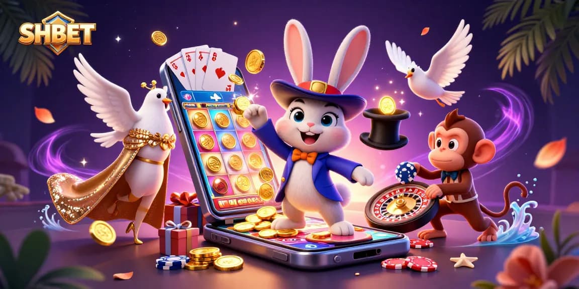 Experience the magic of SHBET with a rabbit, dove, and monkey in a colorful casino scene.
