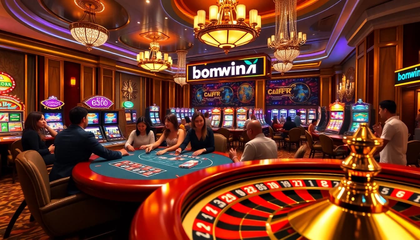 Players enjoying a thrilling gaming experience at Bomwin casino tables, with vibrant slot machines and roulette.