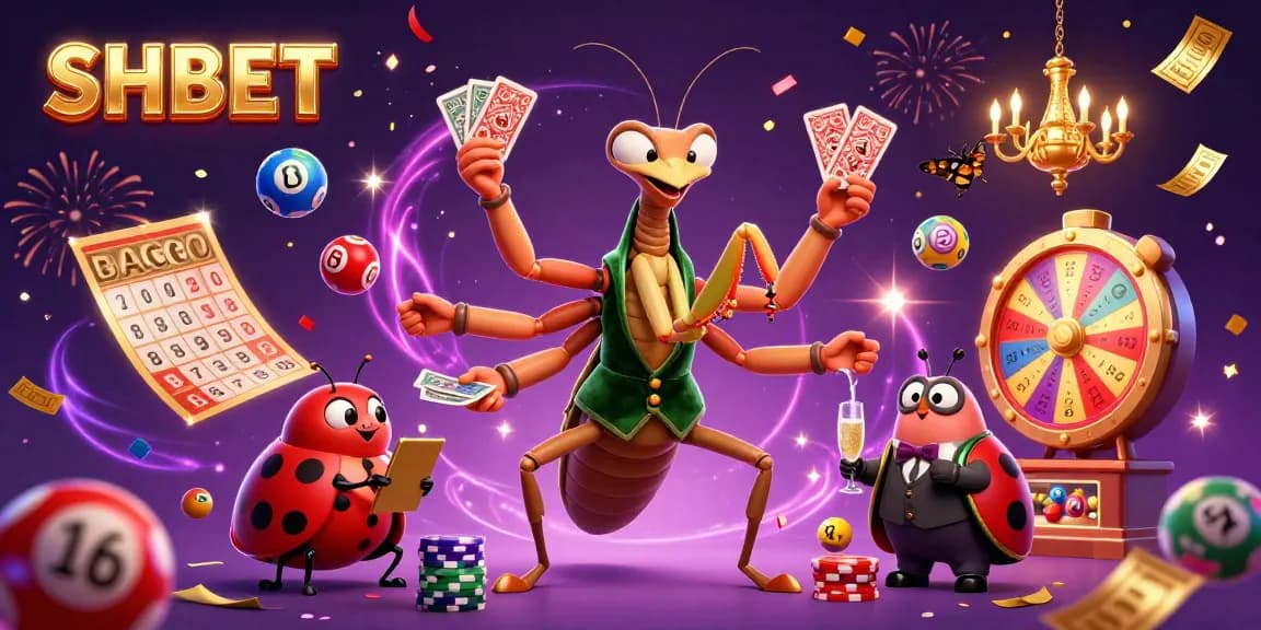 Join the excitement of SHBET as a giant mantis deals cards and lottery balls bounce around a vibrant casino scene.
