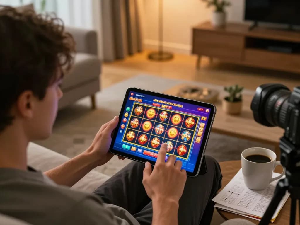 Pemain menikmati slot online di rumah menggunakan aplikasi kyungdongmart di tablet dengan catatan strategis di dekatnya