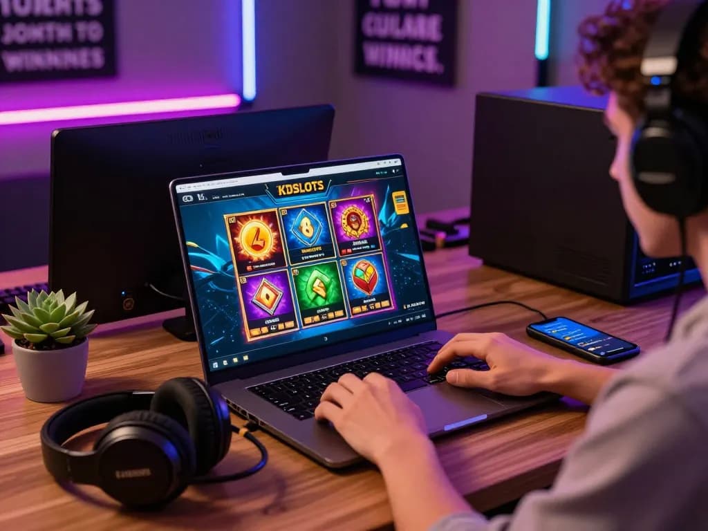 User enjoying the KDSLOT online platform for slot games with a colorful gaming setup and modern laptop.