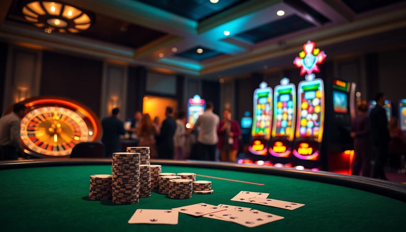 Experience the thrill of online gambling at https://ok365t.fit/ with a vibrant casino scene featuring poker, roulette, and slot machines.