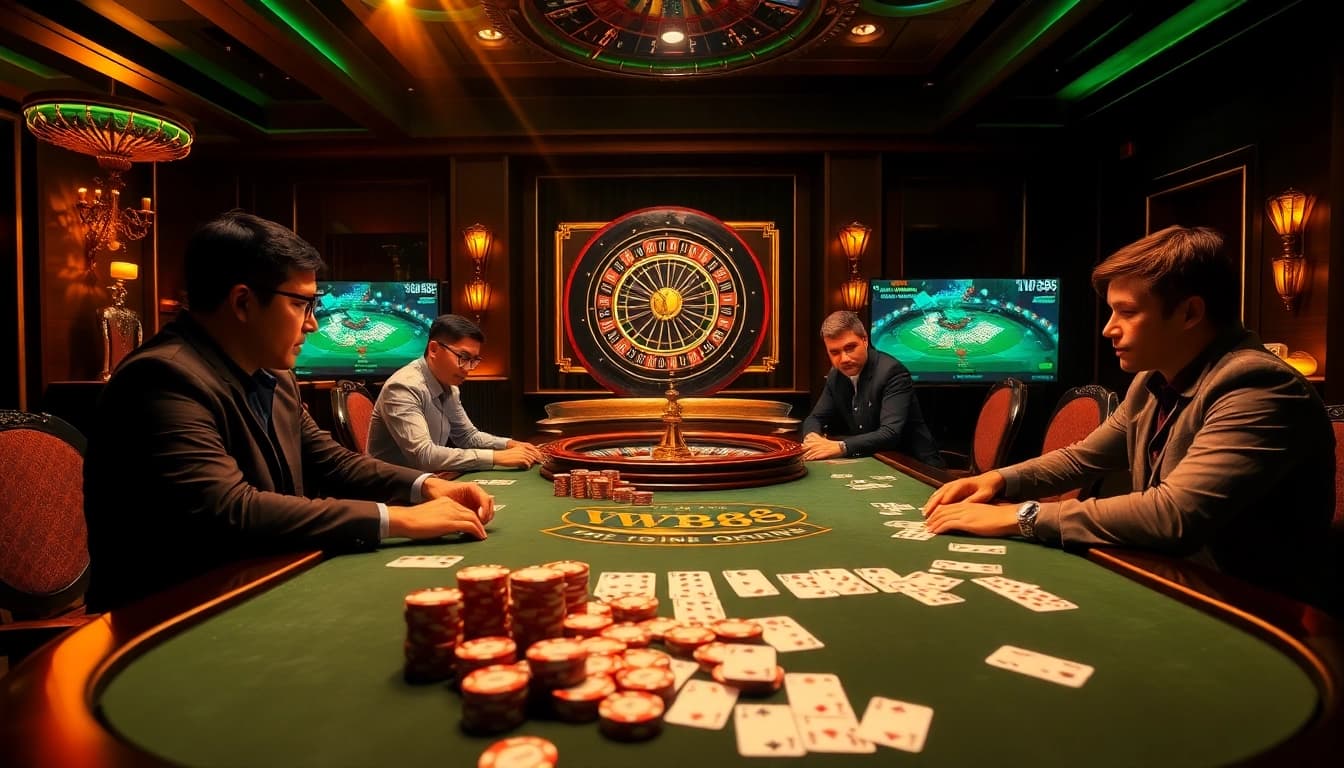 WW88 poker players strategizing at a high-stakes table in a luxurious casino setting.