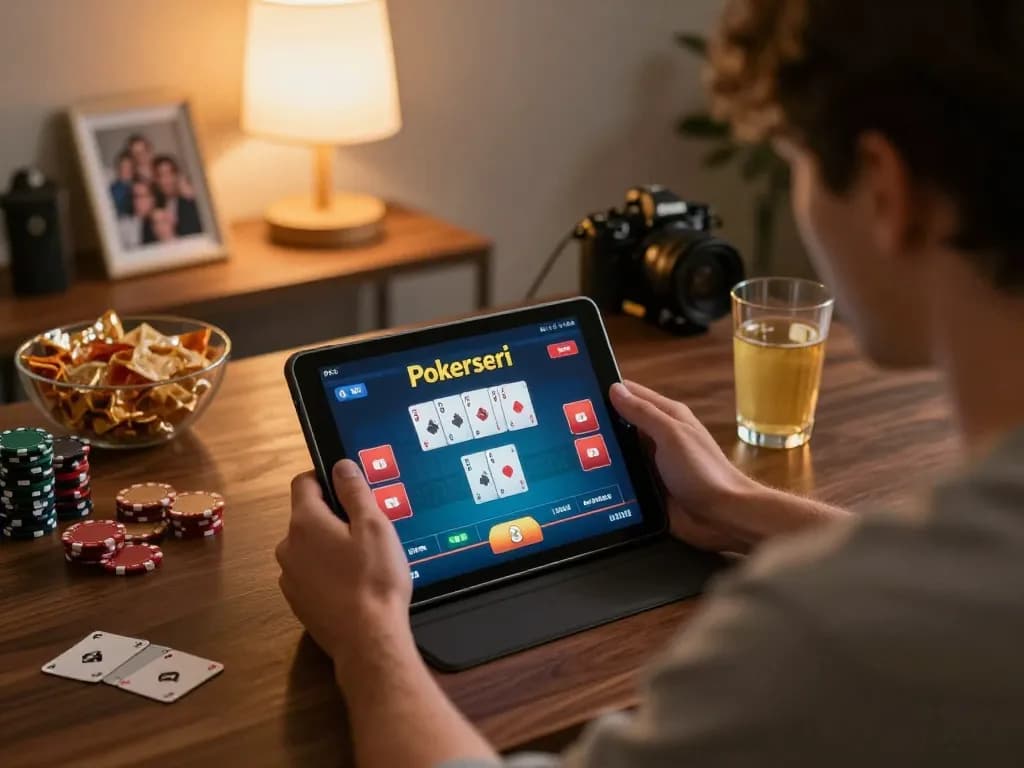 Player utilizing the Pokerseri interface on a tablet during an engaging online poker session at home.