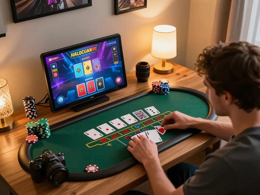 Pemain menikmati blackjack online HALOCUAN98 di tablet dengan antarmuka yang menarik.