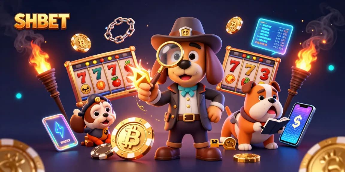 Engage with SHBET's thrilling slot games in a 3D casino illustration featuring characters and jackpot elements.