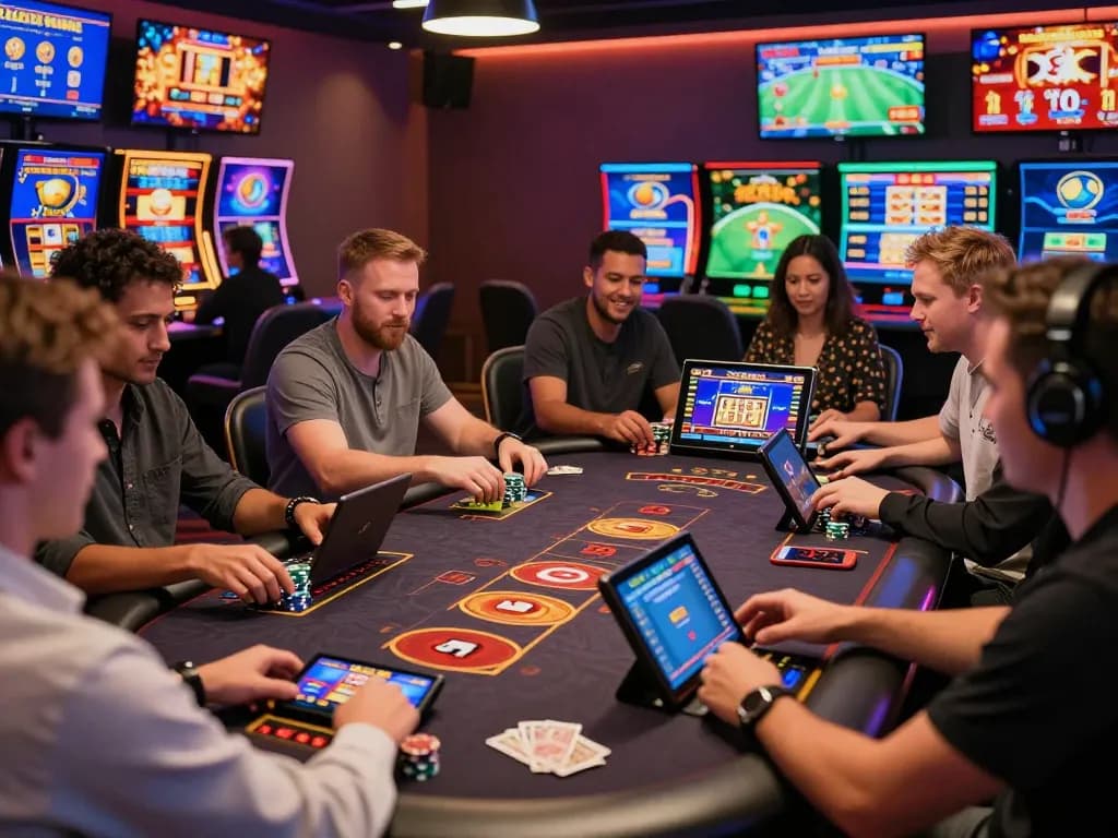 Players enjoying online gambling at https://kuwincom.net/ with engaging games and a lively atmosphere.