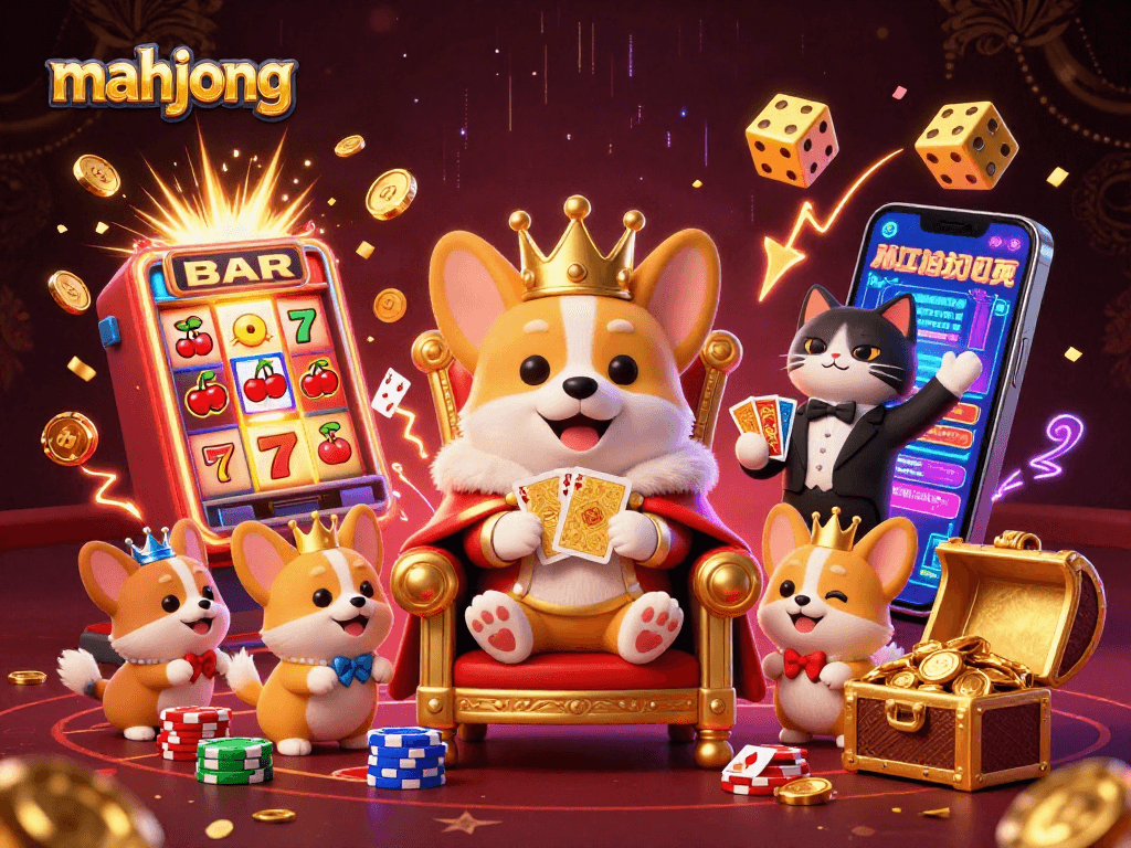 Engage with mahjong-themed gaming dynamics through a vibrant illustration of royal corgis and slot machines.