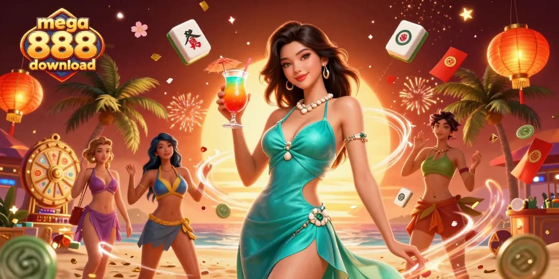 Experience the thrill of mega 888 download with a stunning tropical casino illustration featuring a glamorous Asian woman.