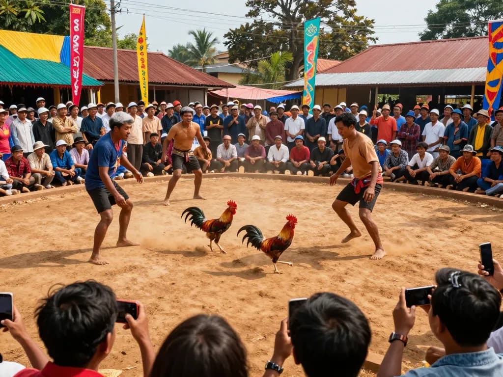 Bắt trọn sự phấn khích của cá đó đá gà thomo tại một sự kiện đá gà ngoài trời sôi động ở Campuchia.