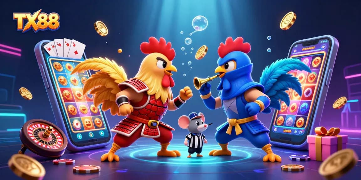 TX88 features fighting roosters in a casino scene with vibrant game elements illustrating excitement.