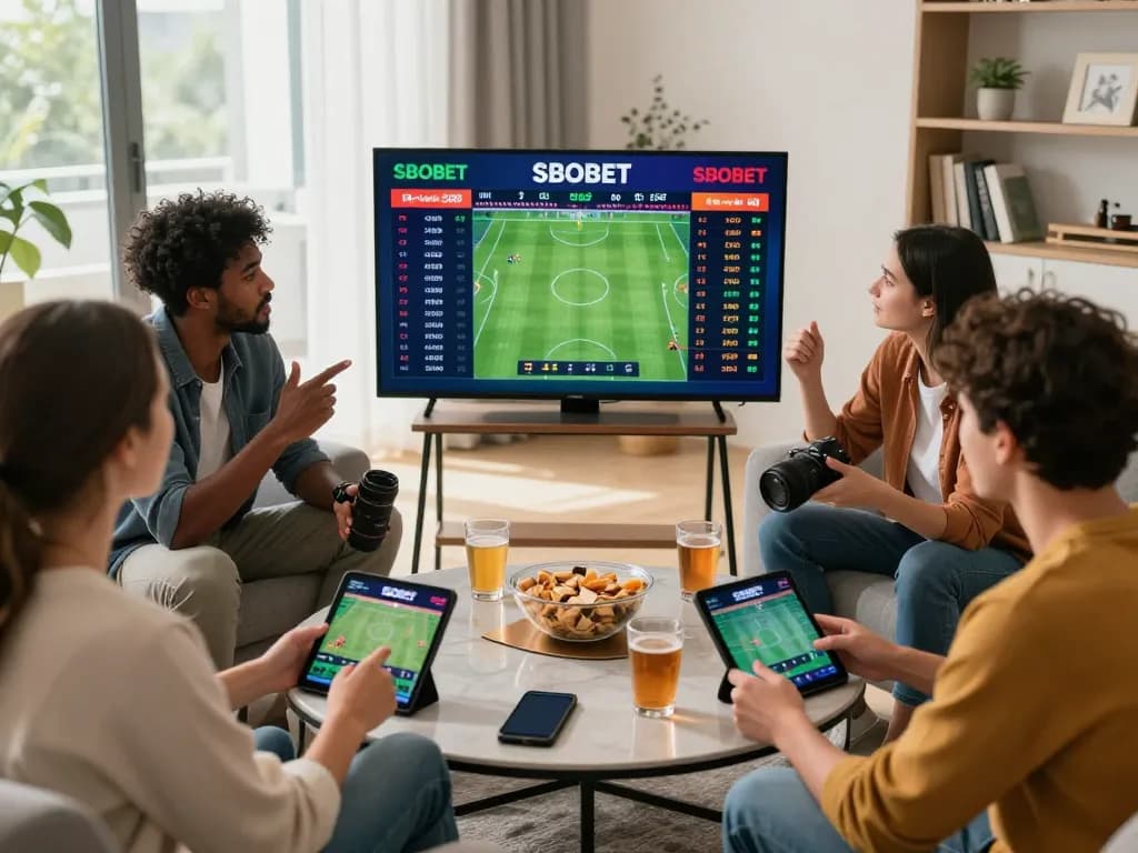 SBOBET live sports betting scene with friends engaging in strategy discussion and analyzing game odds.