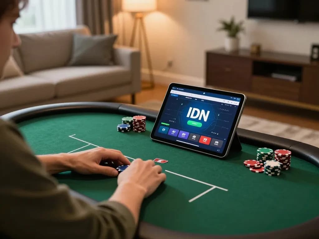 Engaging in IDN poker at home using a tablet, showcasing a cozy gaming setup.