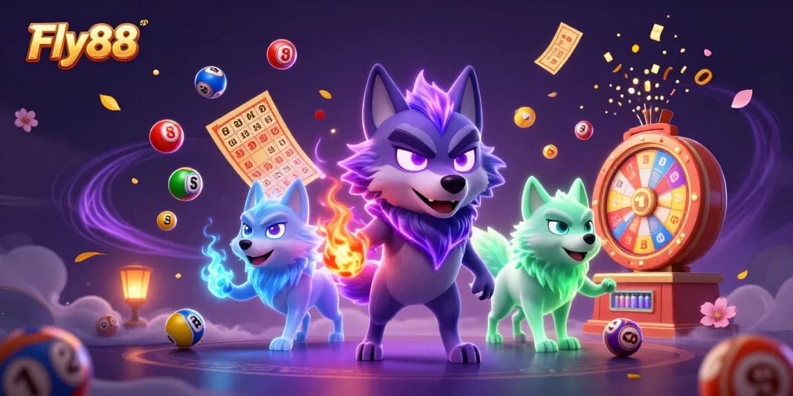 Engage with Fly88 as ghostly wolves lead a vibrant casino scene filled with lottery balls and confetti.