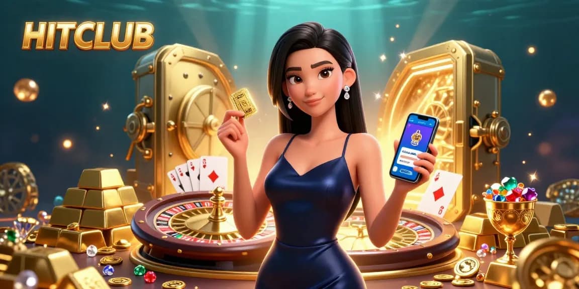 HitClub's sophisticated casino scene with a confident woman holding a smartphone and golden chip.