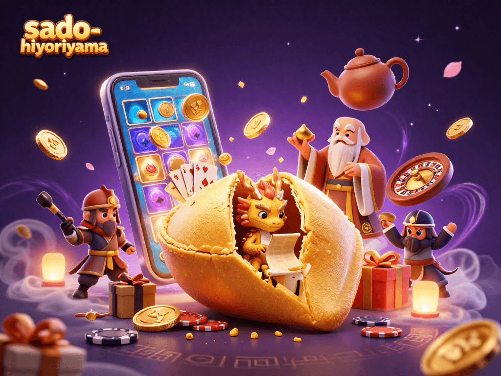 Engage with sado-hiyoriyama's thrilling slot gaming scene featuring golden fortune cookies and dynamic casino elements.