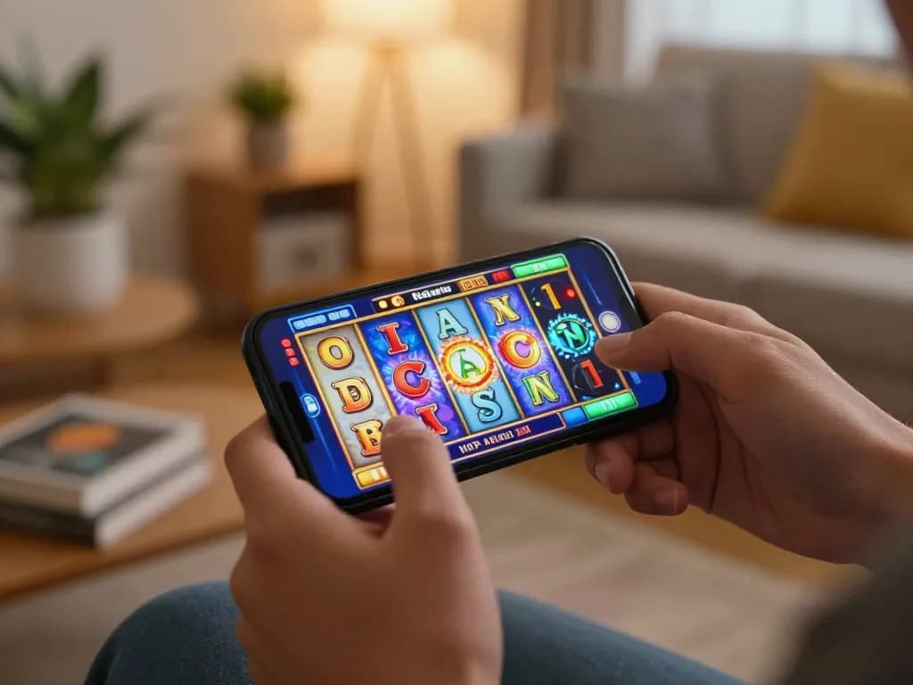 Engaging smartphone action on kdslot while spinning colorful online slot reels at home.
