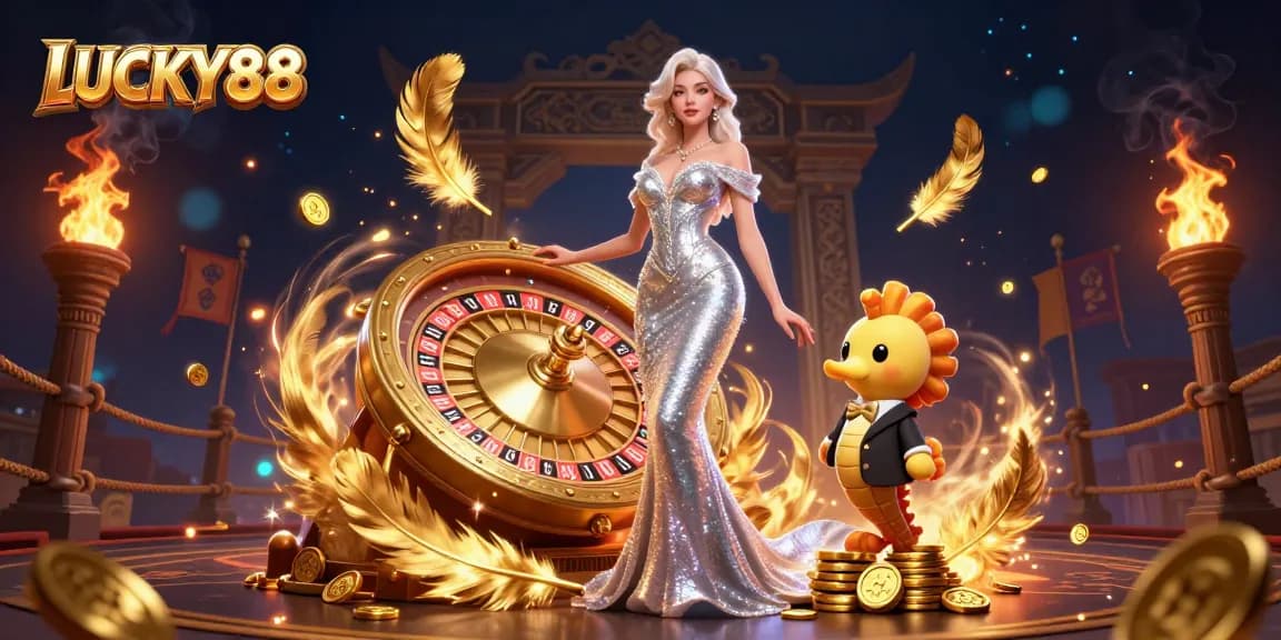 Experience high stakes with LUCKY88's exciting casino atmosphere featuring a stunning mermaid and golden roulette!