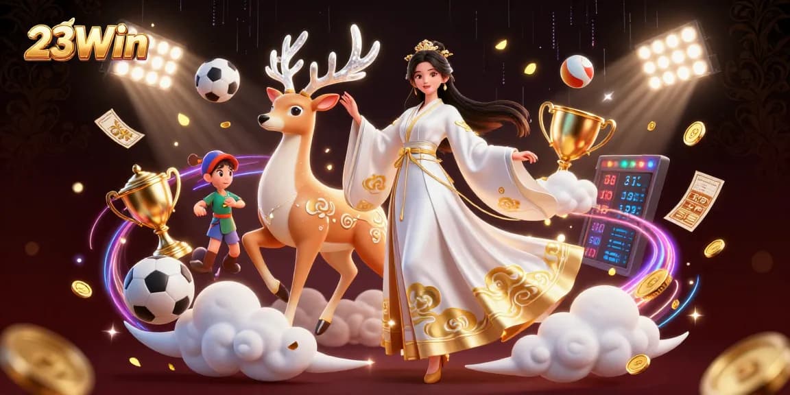Experience gaming thrills at 23Win with diverse sports and casino elements showcased in a vibrant 3D illustration.