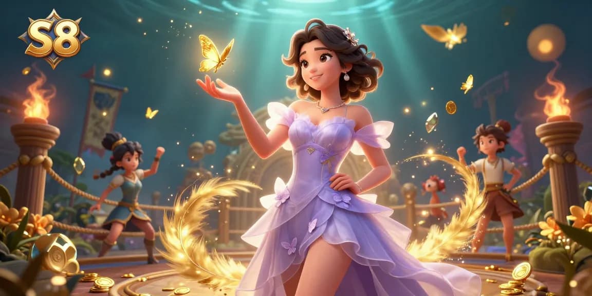S8 offers thrilling gaming experiences with a captivating scene of a stunning Asian woman and golden butterflies.