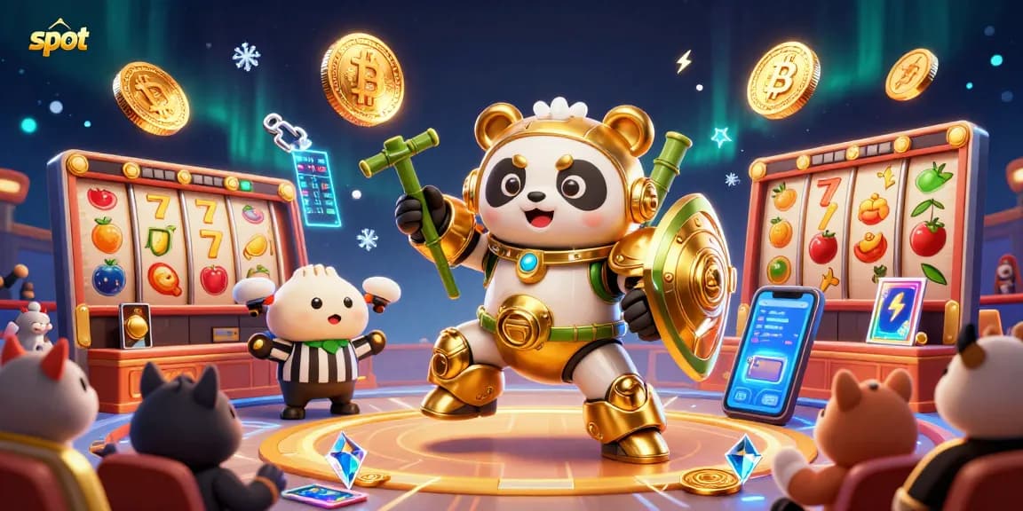 Putaran slot dengan simbol jackpot dan asisten robot dalam arena perjudian online yang menarik.