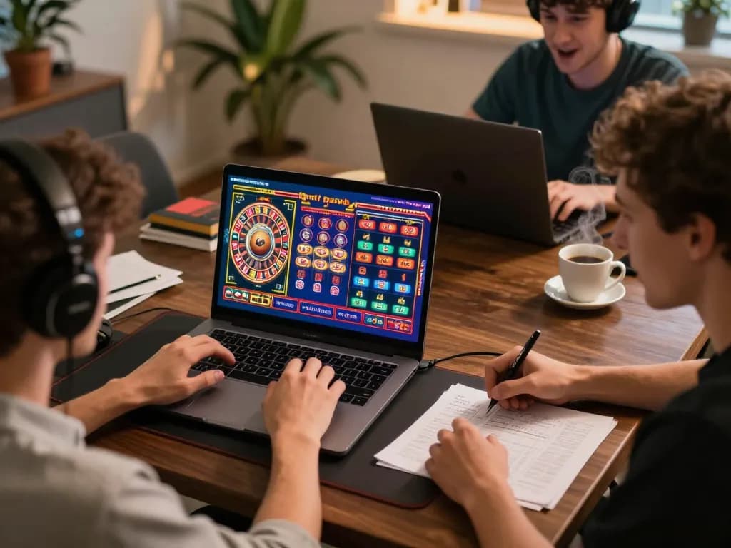 Pemain Ombak88 terlibat dalam permainan kasino online di laptop, menunjukkan suasana ceria dan permainan yang strategis