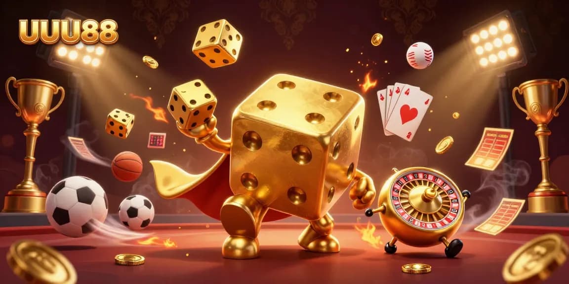 Experience the thrilling UUU88 action with golden dice, juggling elements, and vibrant sports motifs.