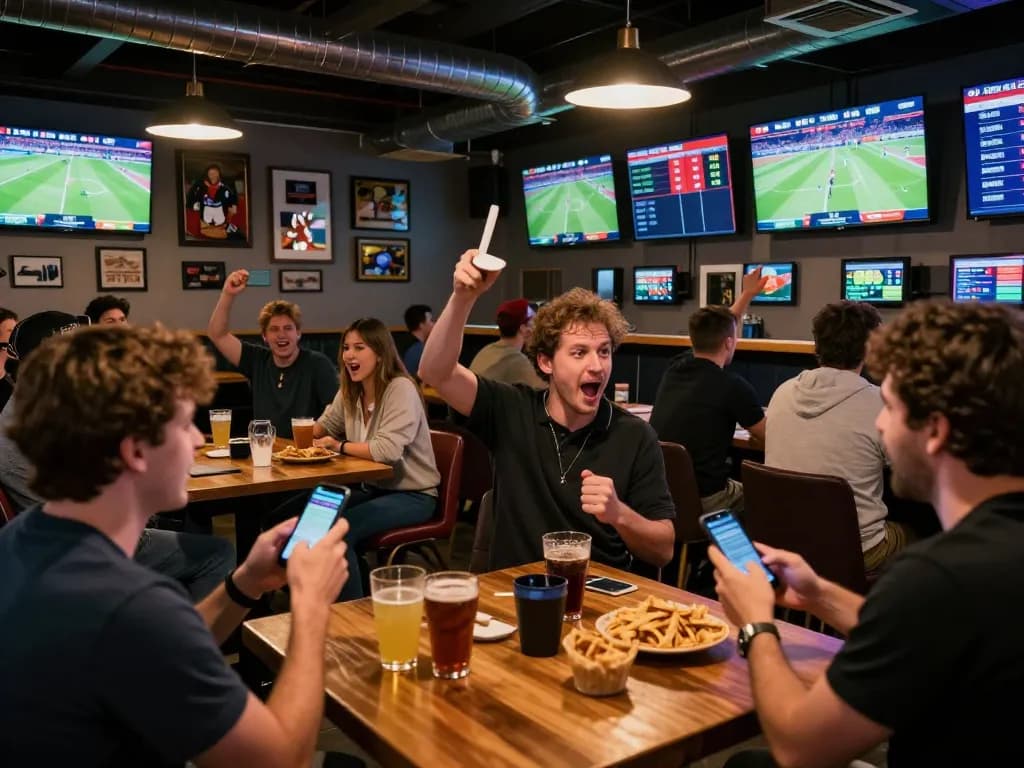 Betting action at a sports bar with fans engaging in live betting for kèo nhà cái 5 matches