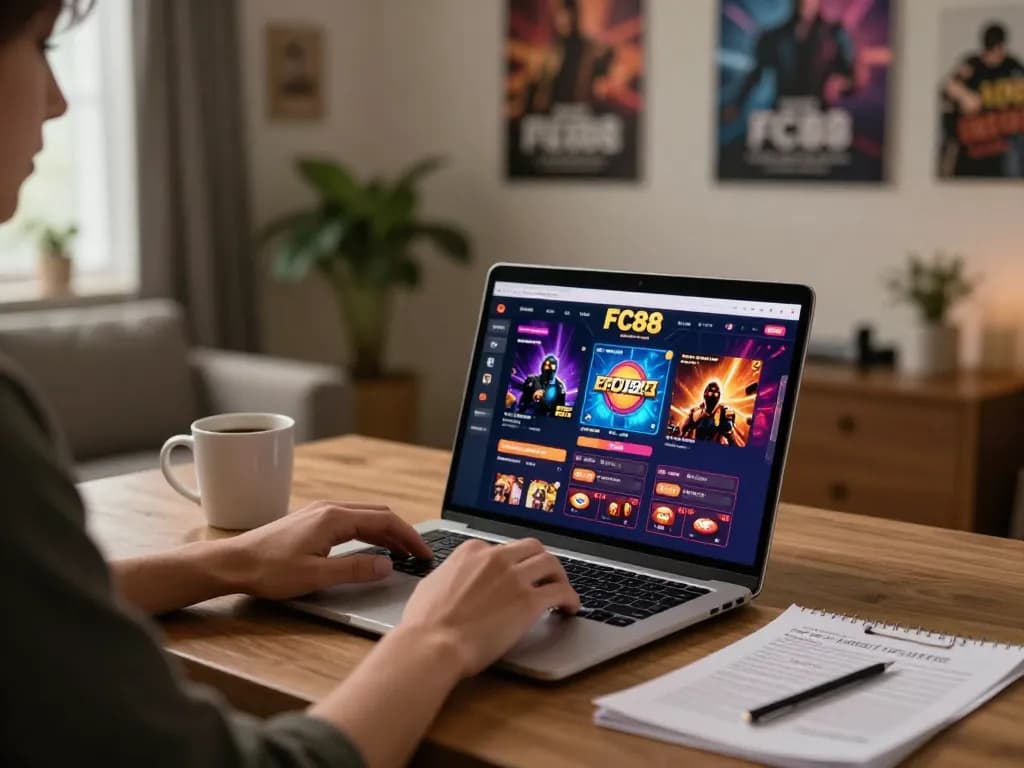 Engaging in the exciting FC88 online casino experience during a cozy gaming session at home.